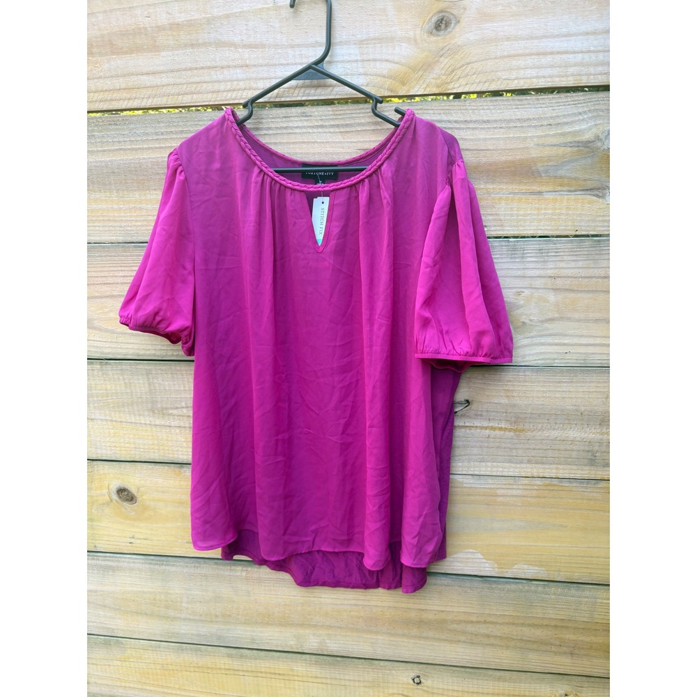 Fortune + Ivy Magenta Braided Neck Puff Sleeve Blouse Stitch Fix 1X Purple Top